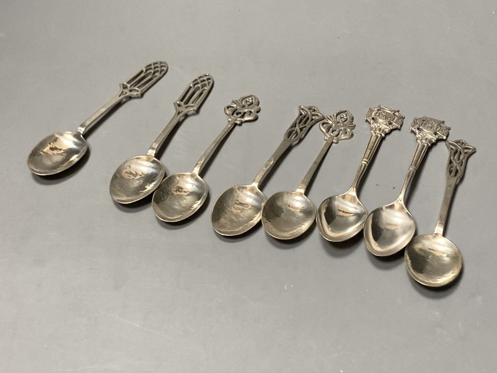 Three assorted pairs of George V Arts & Crafts silver coffee spoons, by Sybil Dunlop, London,